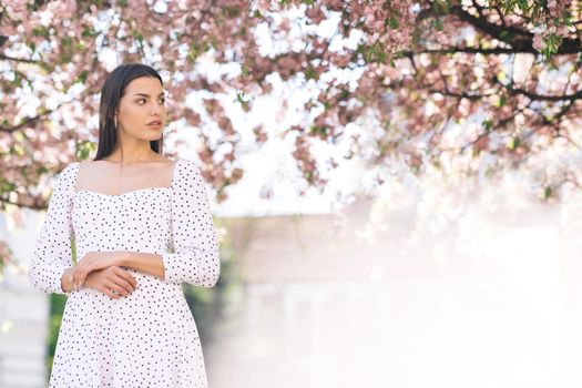 Perfect model with creative vivid makeup and pink lipstick on lips and hairstyle posing outside . Spring blossom of sakura tree in city park.