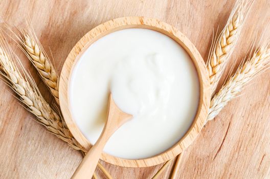 Greek yogurt in a wooden bowl and dry barley on wooden background.