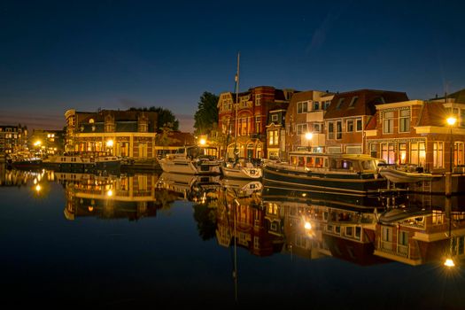 Medieval houses in the historical town Sneek in the Netherlands at night