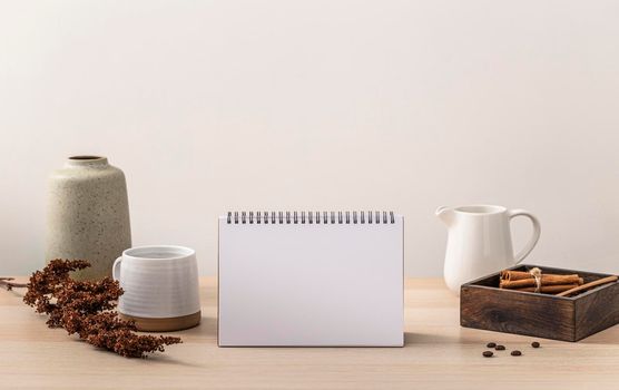 front view table calendar coffee mug. High resolution photo