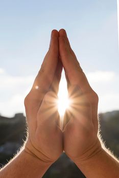 front view hands prayer stance. High resolution photo