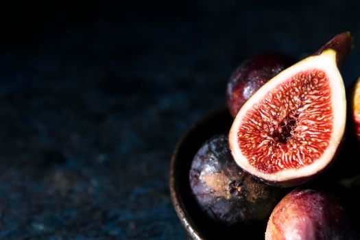 high angle autumn figs plate with copy space. High resolution photo