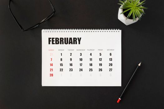 top view february month planner calendar. High resolution photo