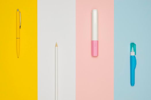 top view different office pens. High resolution photo