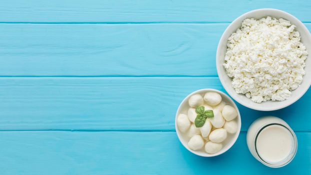 top view cottage cheese milk. High resolution photo