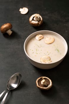 high angle mushrooms cream soup. High resolution photo