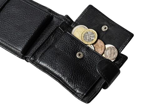 men's wallet in black color lies on a flat surface on a white background you can see different coins