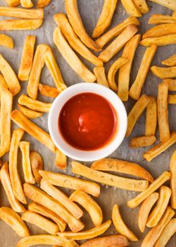 flat lay french fries ketchup. High resolution photo