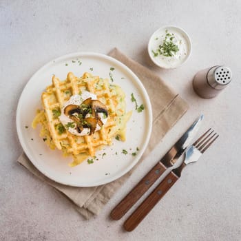 flat lay delicious waffers breakfast. High resolution photo