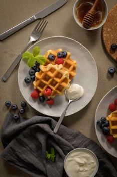 Sweet Homemade Berry Belgian Waffle with Whipped Cream.