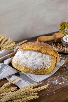 Homemade crispy turmeric bread, on a kitchen countertop.