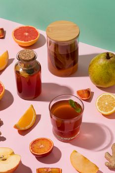 arrangement with delicious fermented drinks. High resolution photo