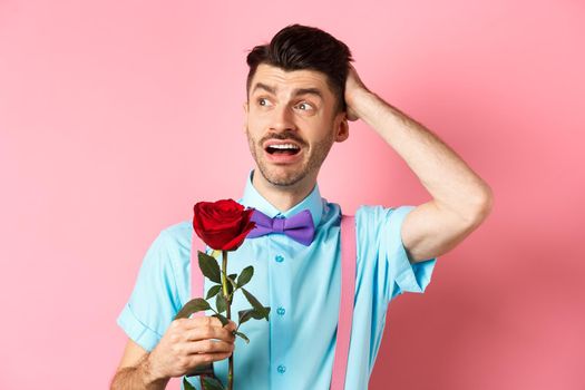 Nervous man waiting for his date on Valentines day, holding red rose and looking confused sideways, scratching head anxiously, standing on pink background.