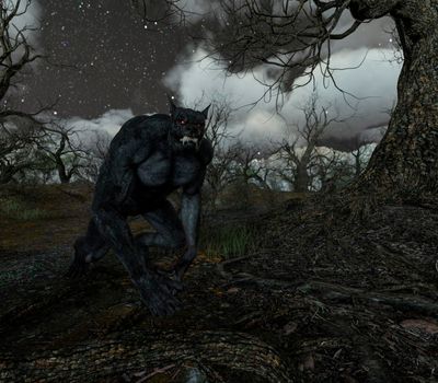 Illustration of a werewolf during the night in the creepy forest - 3d rendering