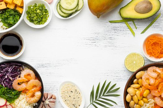 flat lay arrangement hawaiian poke bowl. High resolution photo