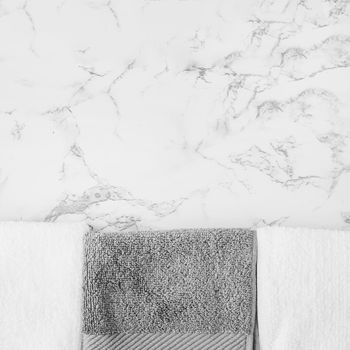 black white towels marble backdrop. High resolution photo