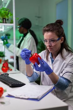 Biologist woman examining pepper writing microbiology medical expertise on notepad for analyzing agriculture. Scientist chemist discovering gmo fruits working in pharmacology laboratory.