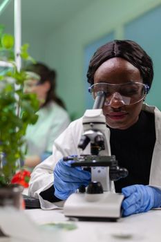 Biologist researcher scientist looking at leaf sample under medical microscope while writing biological expertise on notepad. Chemist examining biological discovery working in microbiology lab.