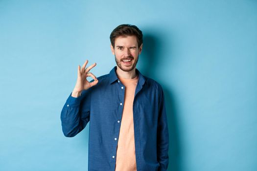 Positive smiling guy winking and showing okay sign, praising good work, recommending good company, standing on blue background.