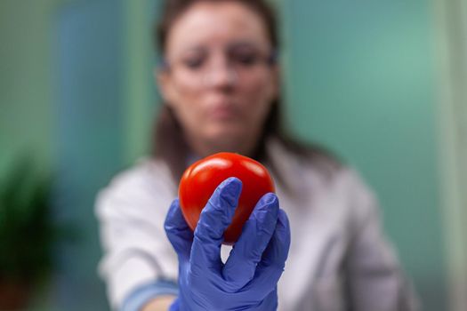 Front view of biologist reseacher woman analyzing tomato injected with chemical dna for scientific agriculture experiment. Pharmaceutical scientist working in microbiology laboratory.
