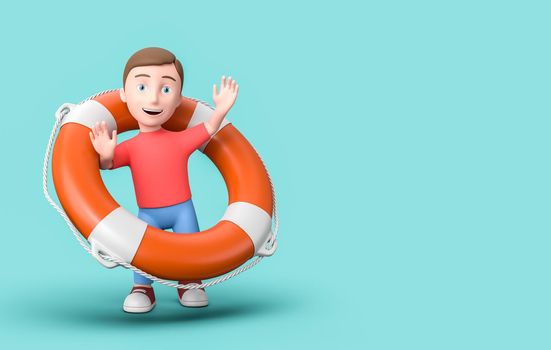 Happy Young Kid 3D Cartoon Character with Lifebelt on Blue Background with Copy Space 3D Illustration