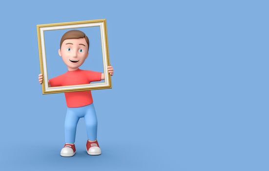 Happy Young Kid 3D Cartoon Character into a Picture Frame on Blue Background with Copy Space 3D Illustration