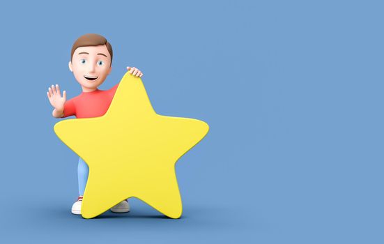 Happy Young Kid 3D Cartoon Character with a Single Yellow Star Shape on Blue Background with Copy Space 3D Illustration