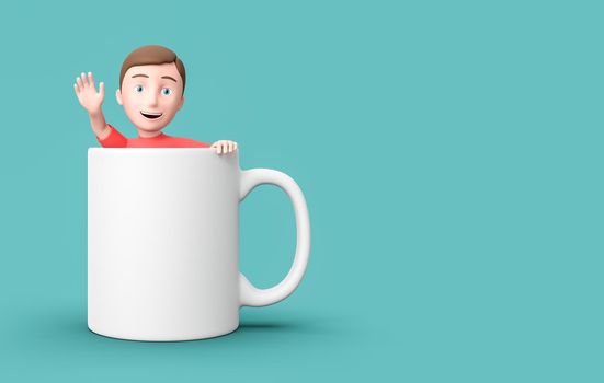 Happy Young Kid 3D Cartoon Character Inside a White Mug on Blue Background with Copy Space 3D Illustration