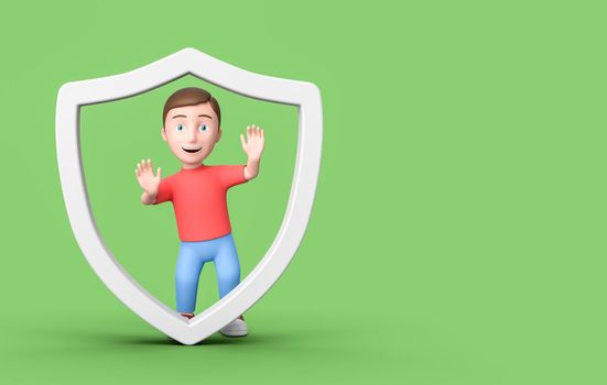 Happy Young Kid 3D Cartoon Character in a White Outline Shield on Green Background with Copy Space 3D Illustration, Protection Concept