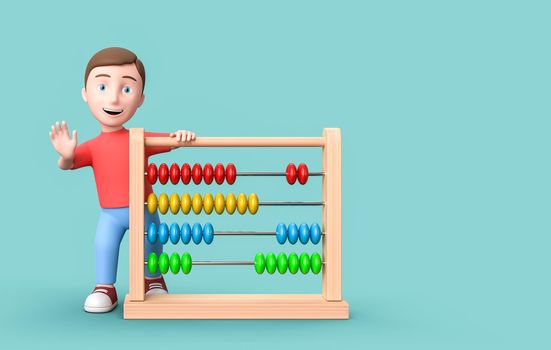 Happy Young Kid 3D Cartoon Character with Abacus on Blue Background with Copy Space 3D Illustration