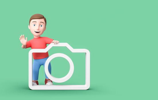 Happy Young Kid 3D Cartoon Character with Camera Symbol Shape on Blue Background with Copy Space 3D Illustration