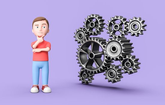 Thoughtful Young Kid 3D Cartoon Character and Metallic Gears Engaged on Purple Background 3D Illustration