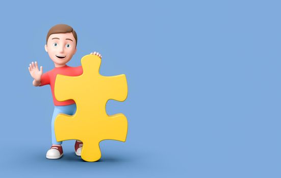Happy Young Kid 3D Cartoon Character with a Yellow Puzzle Piece on Blue Background with Copy Space 3D Illustration