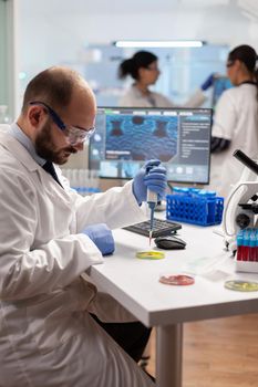 Scientist doing genetic experiment using blood sample on micropipette dropped on petri dish. Team of researchers examining virus evolution using high tech for vaccine development.