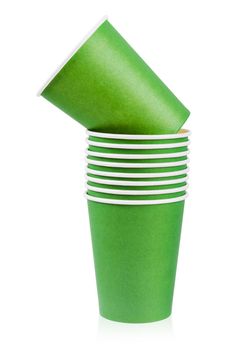 Green color paper drink glass disposable isolated on white background, save clipping path.
