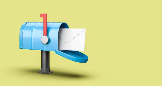 Blue Mailbox with Envelop on Yellow Background with Copy Space 3D Illustration