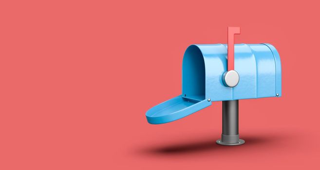 Empty Blue Mailbox on Red Background with Copy Space 3D Illustration