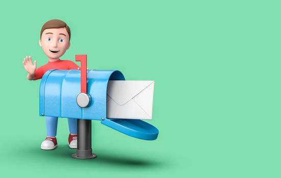 Happy Young Kid 3D Cartoon Character with a Mailbox with Envelop on Blue Background with Copy Space 3D Illustration