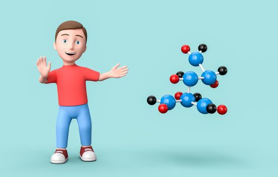 Happy Young Kid 3D Cartoon Character and Molecule Shape Structure on Blue Background 3D Illustration
