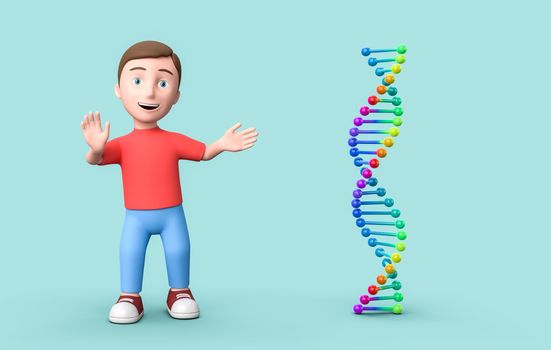 Happy Young Kid 3D Cartoon Character and Colorful DNA Chain on Blue Background 3D Illustration
