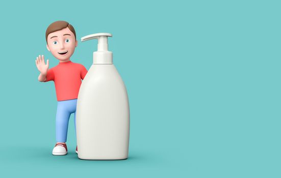 Happy Young Kid 3D Cartoon Character with Blank White Liquid Soap Dispenser on Blue Background with Copy Space 3D Illustration