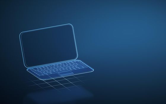 Laptop and blue glowing lines with dark background, 3d rendering. Computer digital drawing.