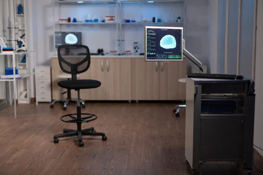 Empty laboratory modernly equipped with nobody in it, prepared for neurological innovation using high tech and microbiology tools for scientific research. Medical clinic for examining brain functions.