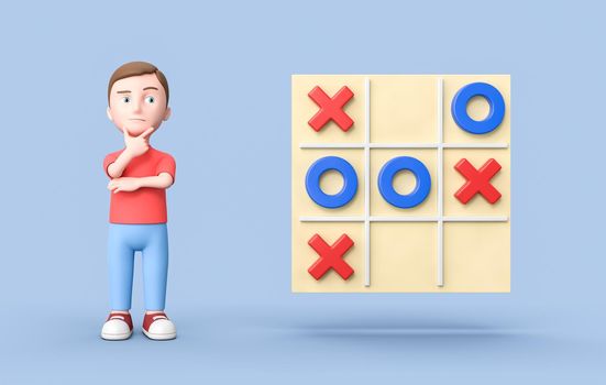 Happy Young Kid 3D Cartoon Character and Tic-Tac-Toe Game Board on Blue Background 3D Illustration