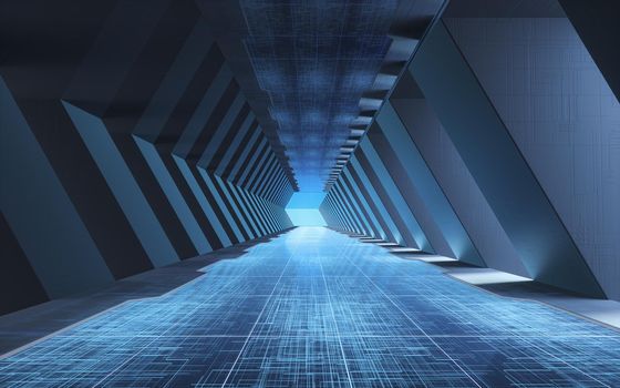 Tunnel of the future, futuristic room, 3d rendering. Computer digital drawing.