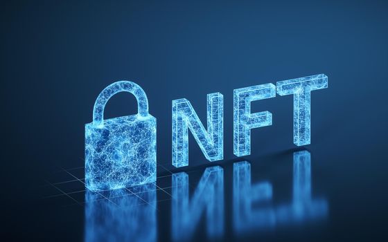 NFT nonfungible tokens concept with dark background, 3d rendering. Computer digital drawing.