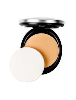 Pressed foundation powder cosmetic with white Make-up sponge isolated on white background, Save clipping path.