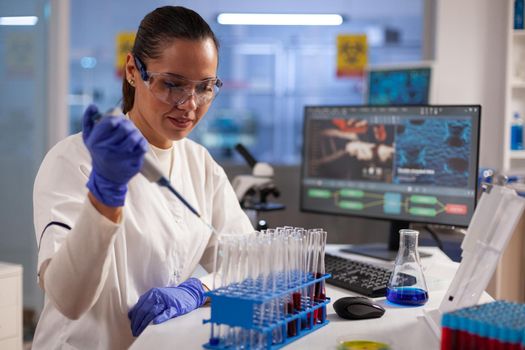 Medical chemist doing research and tests on blood tubes using pipette in science laboratory. Biotechnology woman working with medical equipment on dna sample for development and innovation