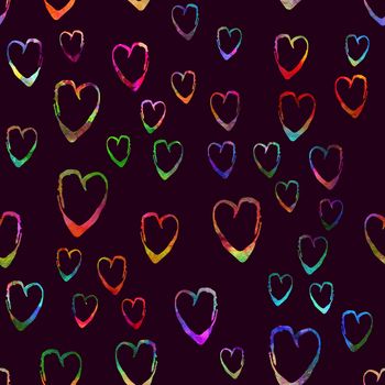 Watercolor Brush Heart Seamless Pattern Love Grange Hand Painted Design in Rainbow Color. Modern Grung Collage Background for kids fabric and textile.