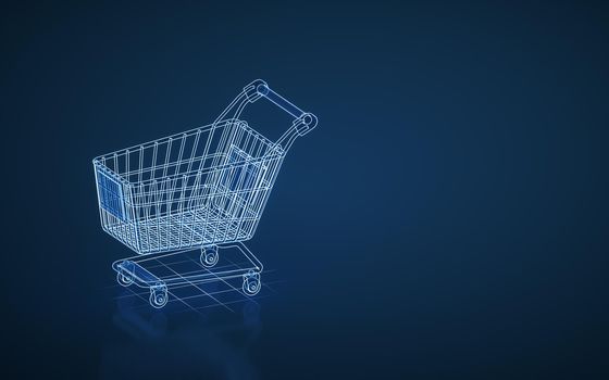 Empty shopping cart with blue background, 3d rendering. Computer digtal drawing.
